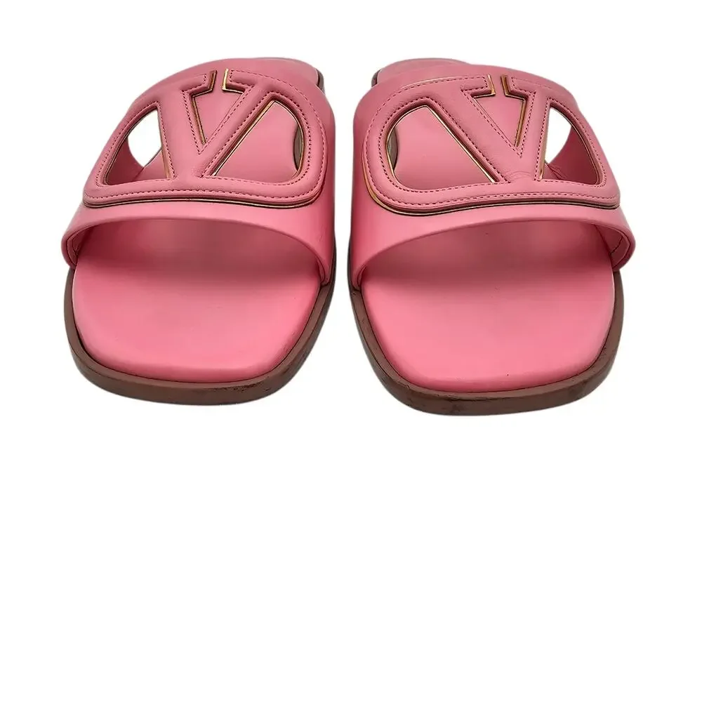Valentino Garavani VLogo Flat Slide Sandal Pink Leather Logo Cut Out Size 39 9